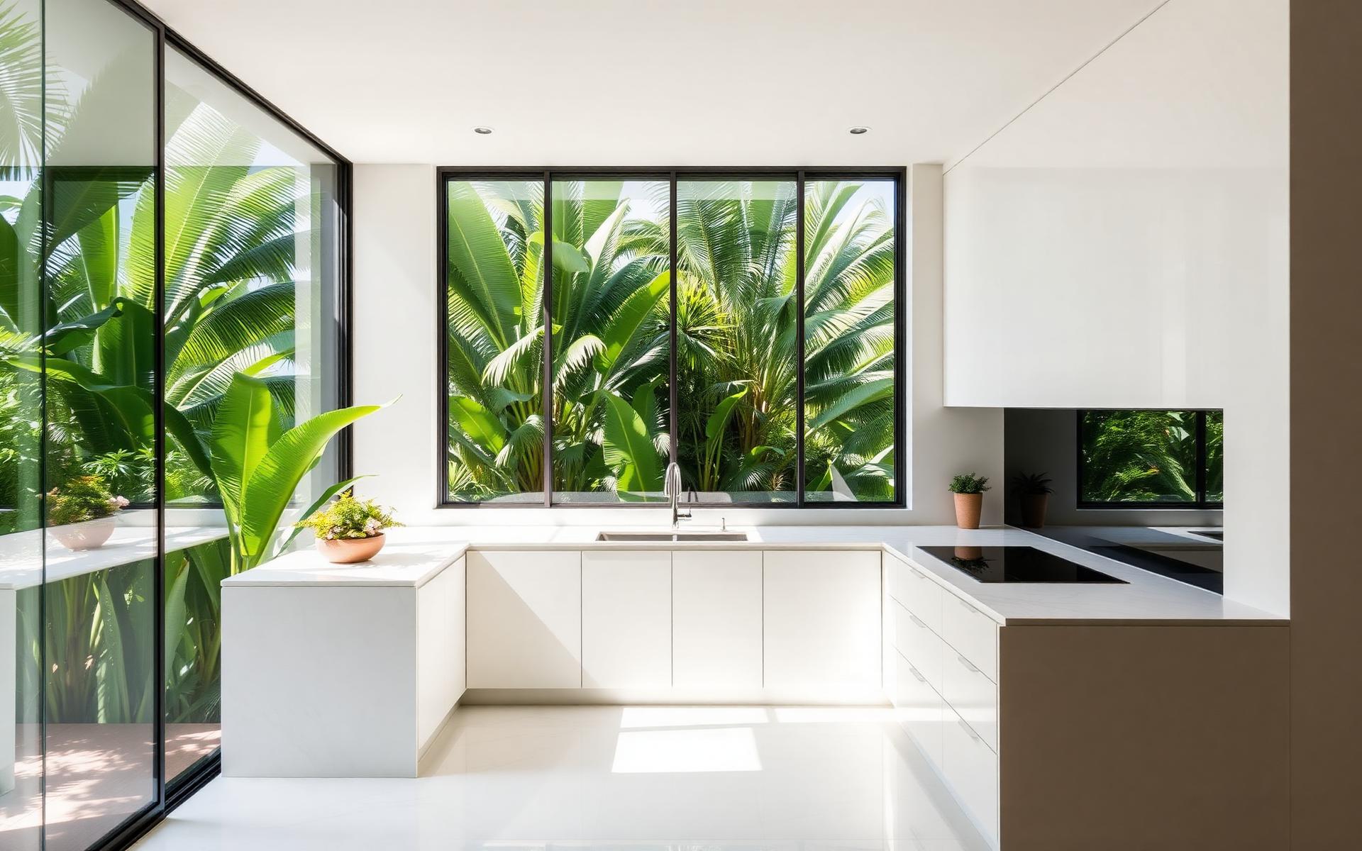 A sun-drenched minimalist Kerala kitchen with tropical greenery beyond floor-to-ceiling windows