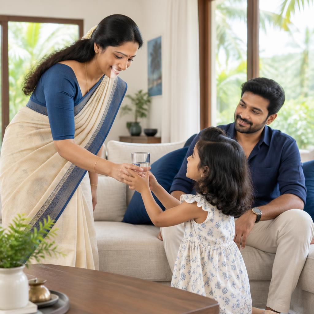 A Kerala family at home — a mother giving a glass of pure water to her daughter